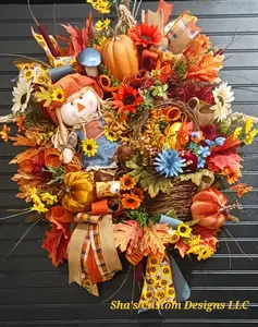 Happy Harvest Helper Wreath - Denim Scarecrow with Orange Hat & Basket of Pumpkins Maple Leaves Mushrooms Greenery Festive Ribbons 27x32x7 Inch Autumn Decoration