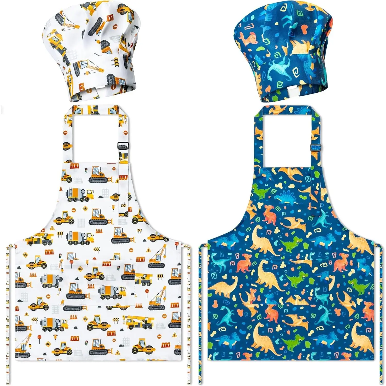 L-GCS026 Kids' 4Pcs Adjustable Comfortable Cartoon Polyester Kitchen Apron & Chef Hat Set - Waterproof Smocks, 2 Pockets, Dinosaur/Construction Prints, Baking Use, Role Play Costume, DIY Gift, All Seasons Elasticized Strap