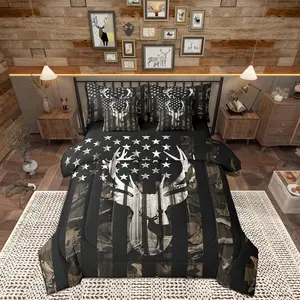 American Flag Kids Comforter Set,7 Piece,Grey Camouflage Antlers and Leaves Reversible Quilt Set,Camo Hunting Deer Animal Camping Bedding Set with Comforter,Sheet,Pillowcase
