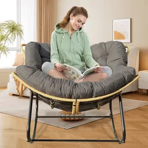 Outdoor Rocking Chair, Oversized Patio Papasan Rocker, Comfy Wicker Reading Lounge, Indoor Egg Chair for Bedroom, Living Room, Porch, Garden, Modern Royal Chair, Lawn-Dark Grey