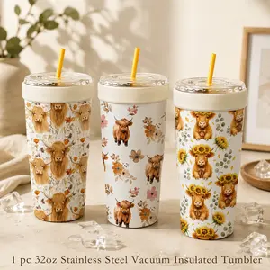1PC 32oz Highland Cow Insulated Tumbler with Straw, Floral & Sunflower Cow Print Stainless Steel Vacuum Cup, Leakproof Double Wall Portable Cold Keeper Mug, Flasks, Keeps Drinks Cold 24H & Hot 12H, Perfect for Coffee, Iced Drinks, Travel & Daily Use