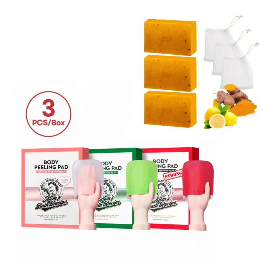 Korean Import 3PC/1 Box Bath Set - Mom’s Bath Recipe Moisturizing Soothing Exfoliates Dead Skin Wipe, Personal Scrubber, Trouble Care Glove, Kojic Turmeric Face Soap Korean Import 3PC/1 Box Bath Set - Mom’s Bath Recipe Moisturizing Soothing Exfoliates Dead Skin Wipe, Personal Scrubber, Trouble Care Glove, Kojic Turmeric Face Soap