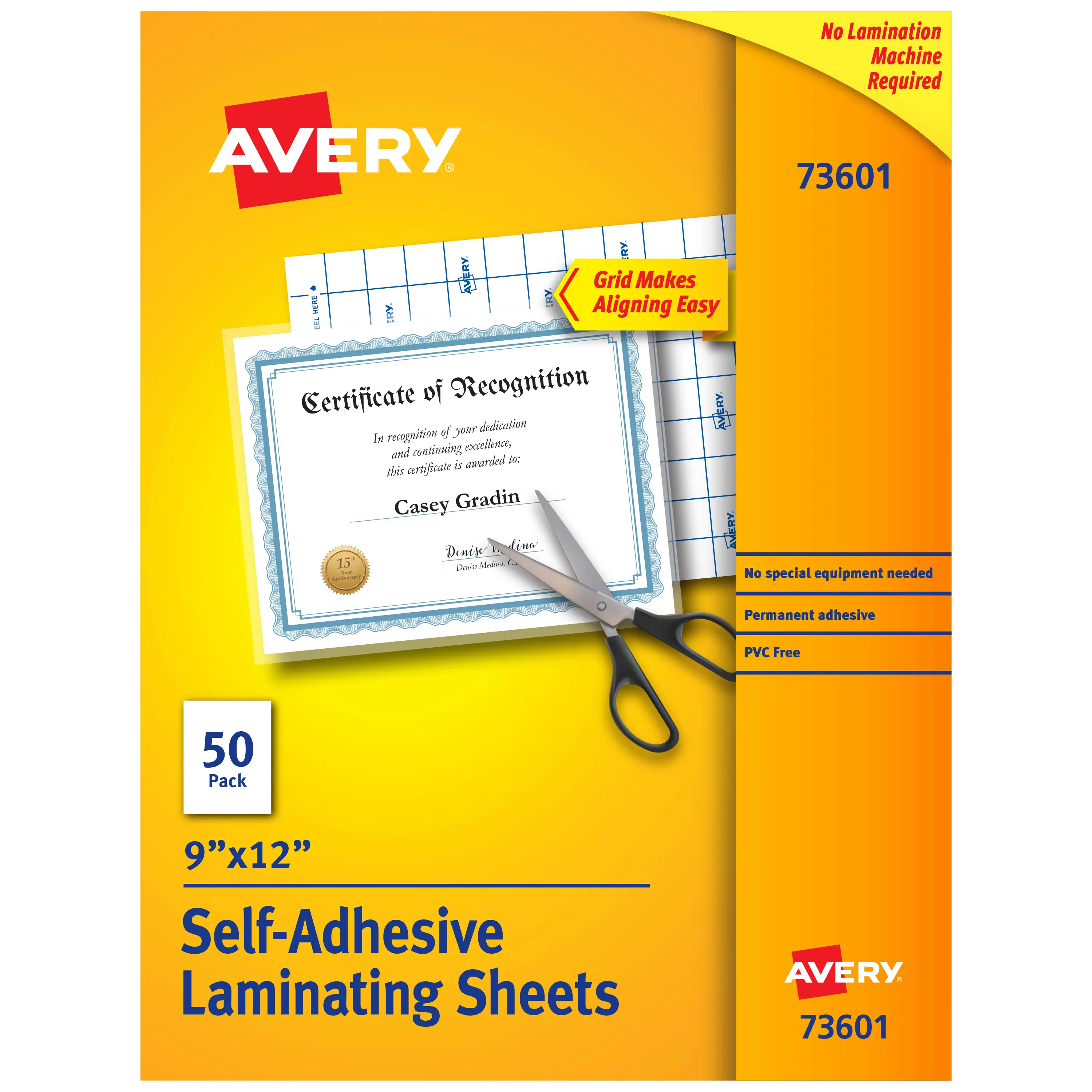 Avery Self-Adhesive Laminating Sheets, 9" x 12" Permanent Glossy Finish, 50 Sheets (73601) - Office Filing Supplies for Laminating Artwork, Collector Cards, Documents
