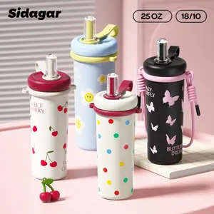 Sidagar 25oz Tumbler Cup for Women S316L Stainless Steel Insulated Water Bottle with Straw Lid & Shoulder Strap Leak Proof Cute Cup Slim Base Reusable for Gym Office Travel Valentine’s Day Gift