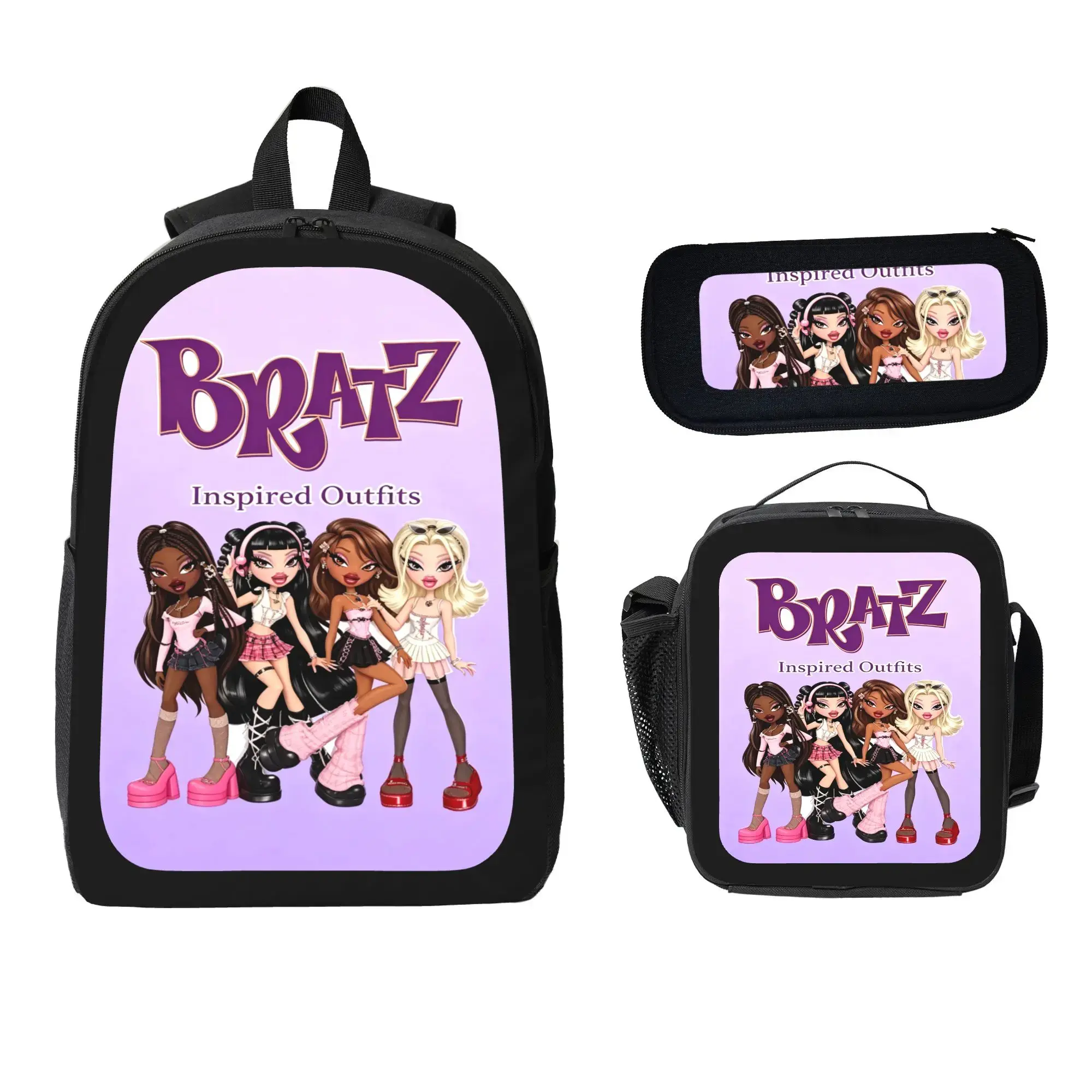 Bratz Inspired Outfits 3 Piece Backpack Set | Backpack + Lunch Bag + Pencil Case Waterproof Lightweight Teen Girls School Bag