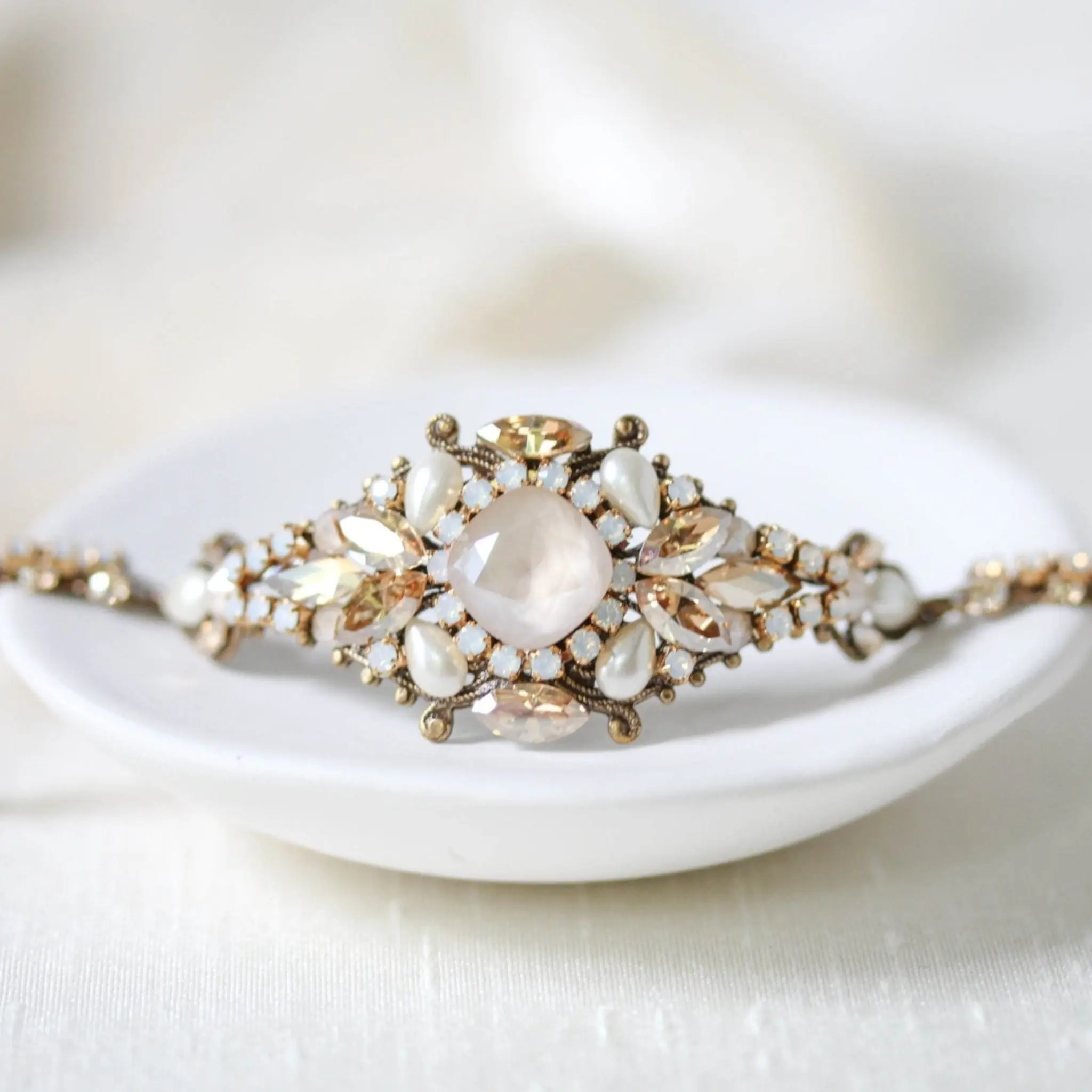 Antique gold crystal Bridal cuff bracelet - ANNA
