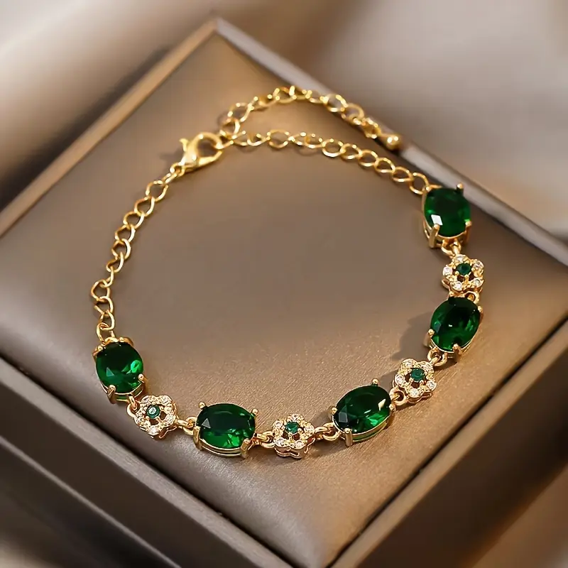 Luxury Green Emerald Crystal Bracelet with Zirconia Accents, Alloy Chain, Elegant Fashion Jewelry for Women, Perfect for Parties, Birthdays, and Mother's Day Gifts - 1 Piece