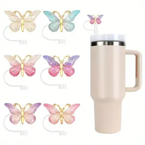 6 Pcs/4 Pcs Shiny Resin Silicone Straw Plugs, Gradient Butterfly Straw Caps Decor, Straw Topper, Soft Gel Dustproof Straw Covers, Reusable Drinkware Accessories