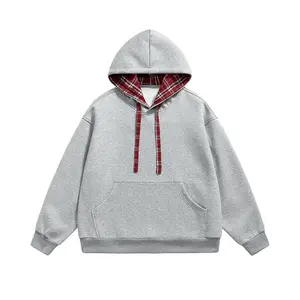 Men's Gray Casual Hoodie with Red Plaid Lined Hood, Oversized Pullover with Kangaroo Pocket & Contrast Drawstrings