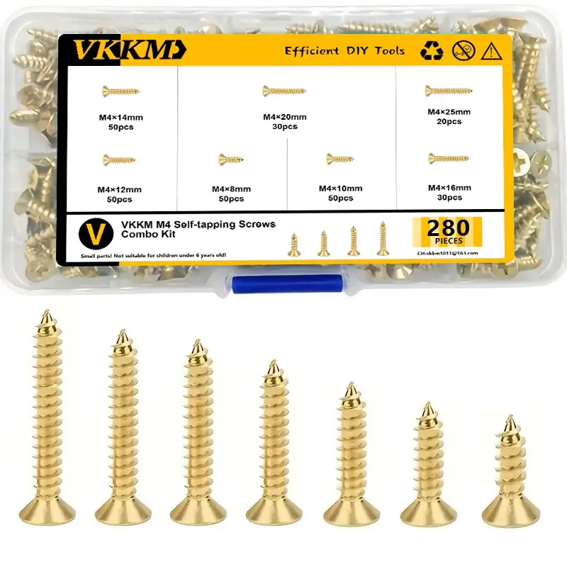 VKKM 280Pcs M4 Phillips Countersunk Self Tapping Wood Screws Assortment Kit, Golden Coated Solid Metal Fasteners, 7 Sizes M4x8/10/12/14/16/20/25 for Cabinet Furniture Woodworking DIY Repair
