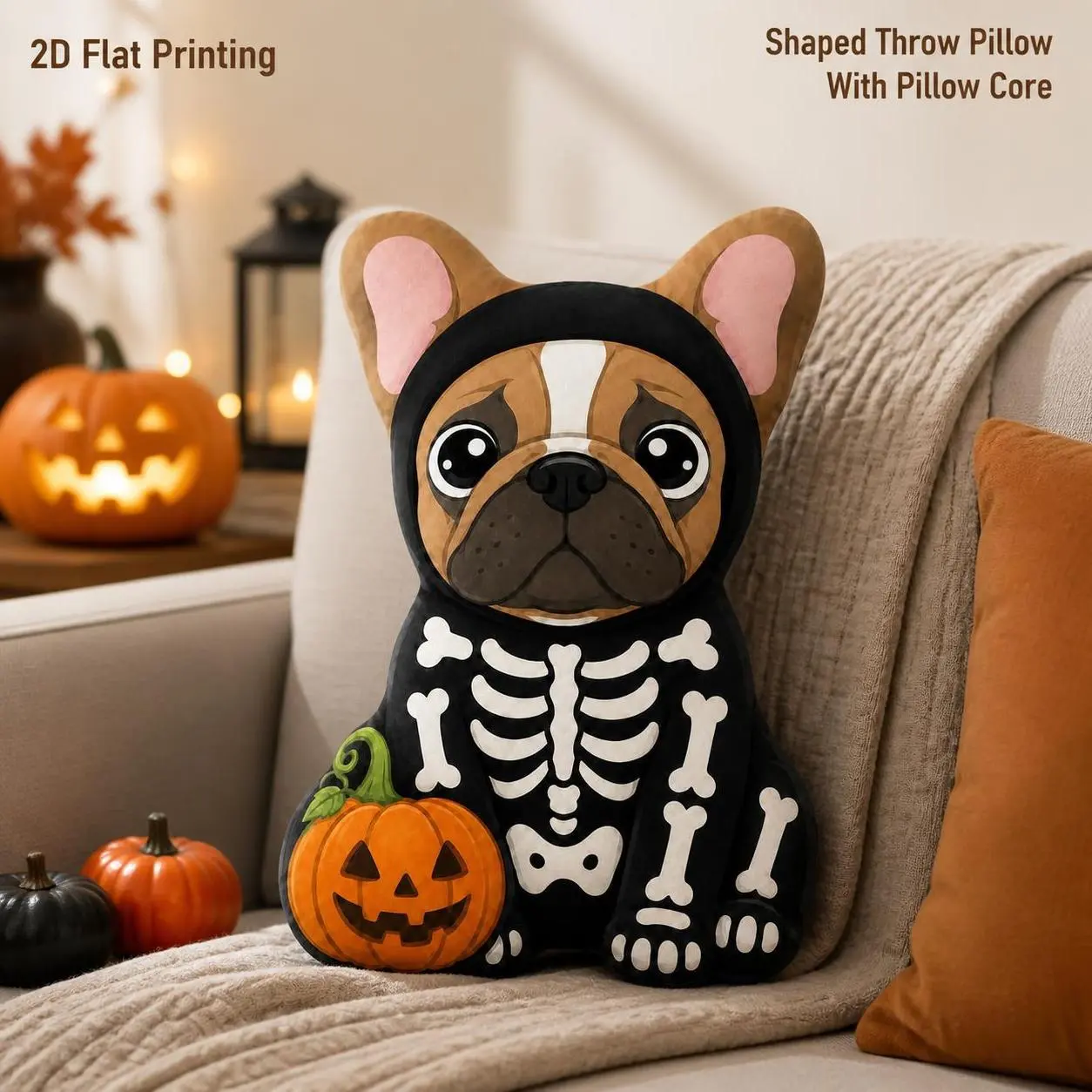Halloween Skeleton French Bulldog 2D Flat Printing Shaped Stuffed Throw Pillow Decorative Bone Costume Pumpkin Spooky Dog Decor for