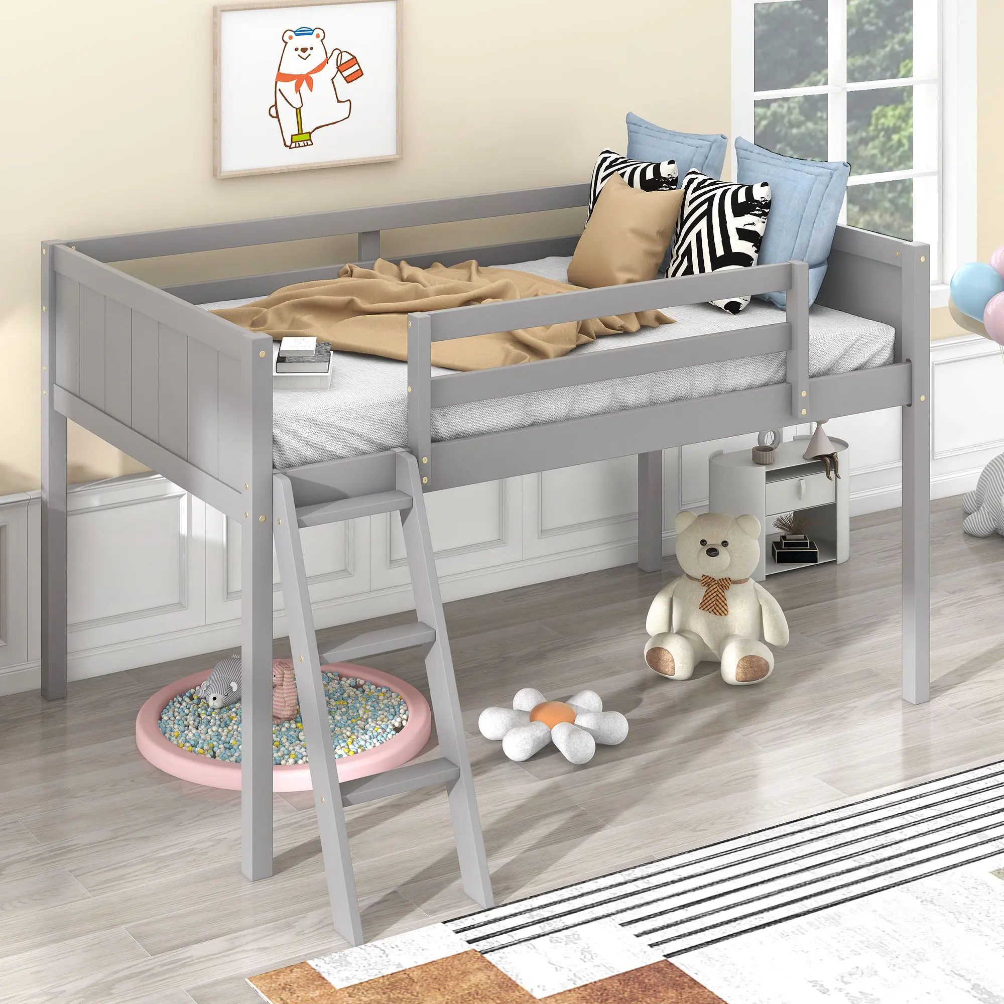 Dreamzon Twin Size Solid Pine Low Loft Bed with Secure Guard Rails, Reversible Left-Right Ladder, Gray, 300Lb Weight Capacity, 76'' x 39.3'' Dimensions, 14Pcs Hardware Kit