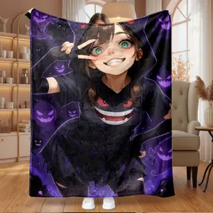 Exclusive Anime Gengar Ghost Pattern Flannel Plush Blanket, High Quality Durable & Fade-Resistant, Ultra Soft Skin-Friendly, used as Home Decor, Living Room Sofa Throw, Bedroom Bedding, Long Tra Flannel Cozy Blanket