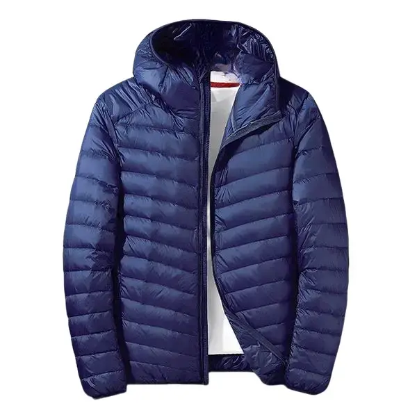 Men’s Fitted Thin Woven Cotton Hooded Down Jacket - Autumn/Winter, Short Length, Seamless, Solid Color, Windproof, Warm, Packable, Compact, Waterproof, Casual Outdoor Fashion Coat with Fabric & Zipper, Ideal for Travel, Blue