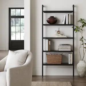 Wood 5 Tier Wall Mounted Bookshelf Black Oak