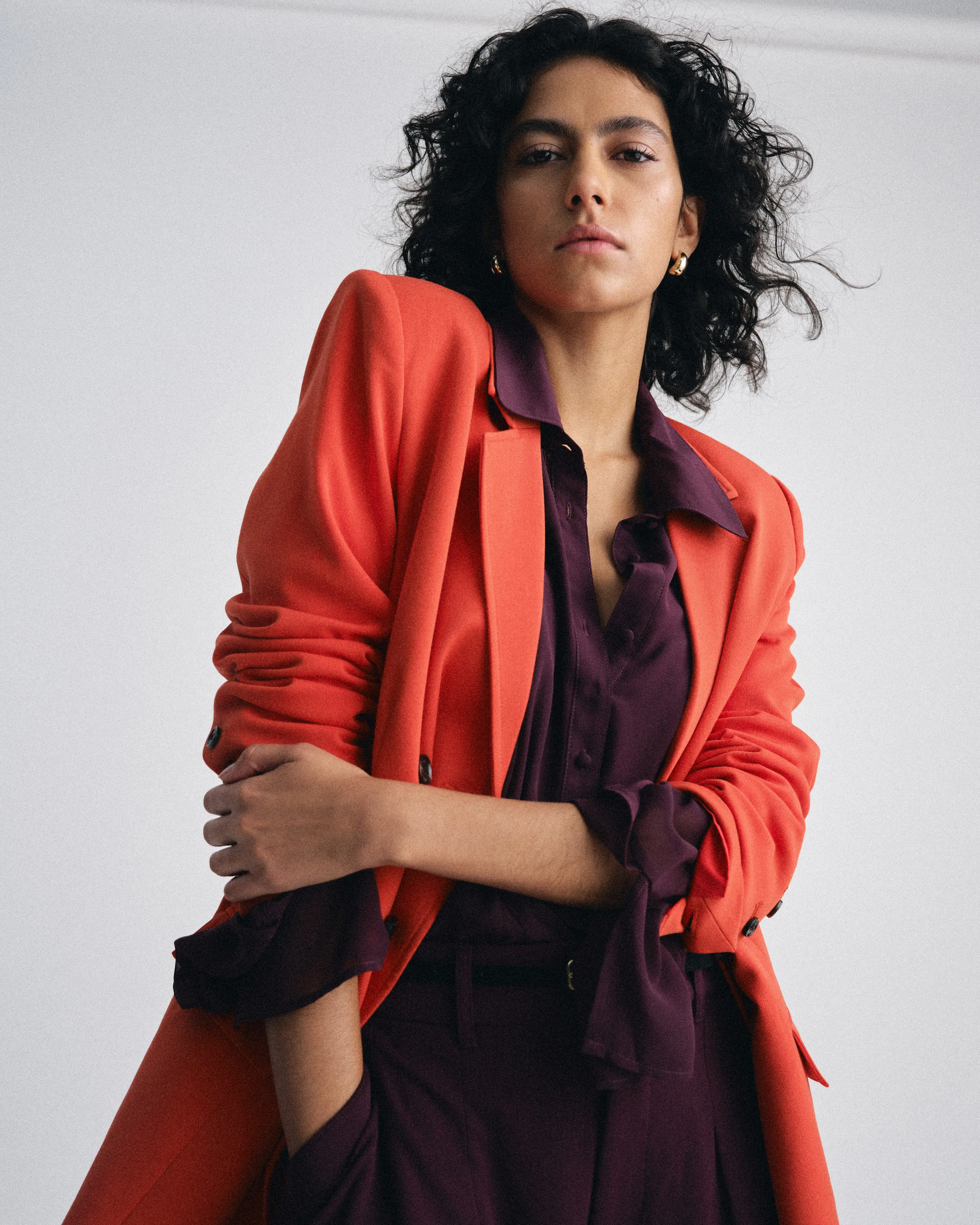 Women's Warren Double Breasted Suit Blazer - Stretch Fabric, Tailored Fit, Long Sleeves, Soft Solid Poppy, Button Closure, Dart Seams, Workwear Ready, Classic Wardrobe Staple, Collaboration with Lauren Chan