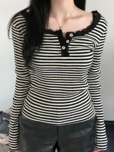 Women's Y2K Style Striped Lace Patchwork Slim-Fit Long Sleeve Top, Spring & Fall Fashion, Moderate Fabric Thickness, Perfect for Casual Wear, Casual Classy Top