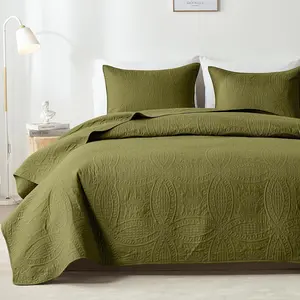 【Moving Season】Army Green Ultrasonic Quilt Set, 3 Piece Queen Size Bedding, Outdoor Vibe Coverlet, Stitch-Free Soft Bedspread for Bedroom Dorm, Machine Washable