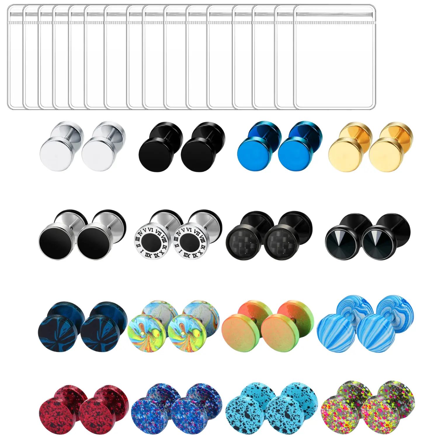 Fake Gauge Earrings for Men Women Stainless Steel Stud Earrings  Cheater Ear Plug Faux Gauges Earring Ear Tunnel Round Flat Back Earring Set Piercing Jewelry Gold Silver Colorful 16 Pairs