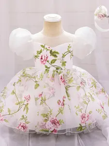 Baby Girl Clothes Infant Christening Cocktail Toddler Baptism Pageant Birthday Party Print Puff Sleeve Mesh Ball Gown Princess Dress for all Season 6 Months to 3 Years Floral Printed Dress