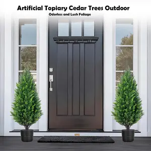 Set of 2 3FT Faux Topiary Cedar Trees, Realistic Outdoor Artificial Evergreen Plants with Pots, UV Resistant Topiaries Bushes Potted Fake Cypress Tree Shrubs for Porch Garden Home Office Decor