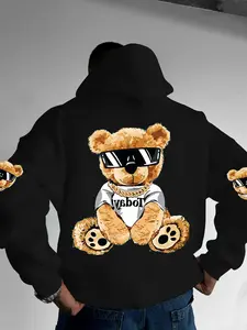 Men's Cartoon Bear Print Drop Shoulder Hoodie, Fashion Casual Regular Fit Drawstring Pocket Hooded Sweatshirt for Daily Holiday Outdoor Wear, Men Clothes for Fall & Winter