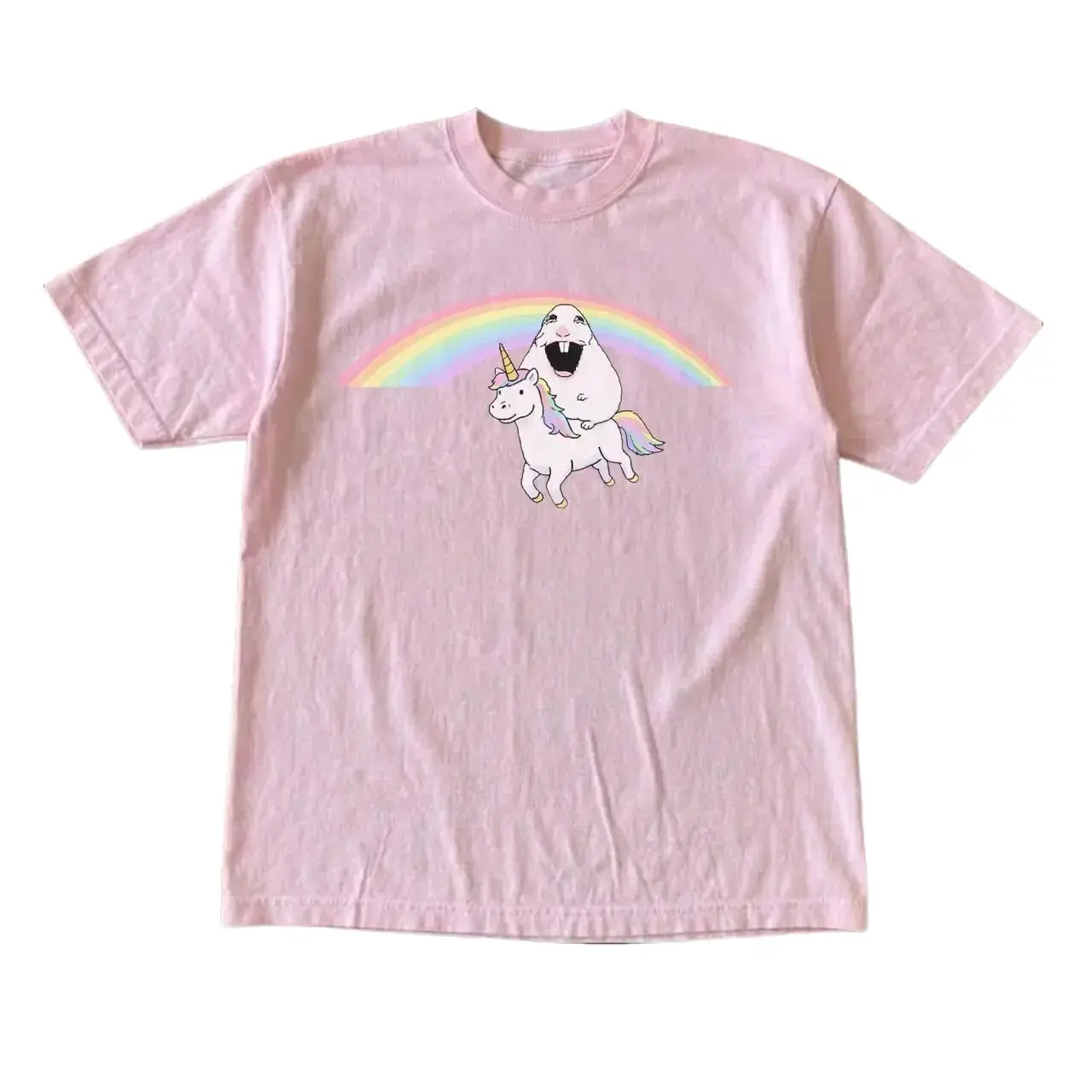 Funny Screaming Hamster Riding Unicorn Rainbow Graphic T shirt, Vintage Y2K Internet Meme Cartoon Streetwear, Cute Kidcore Novelty Tee