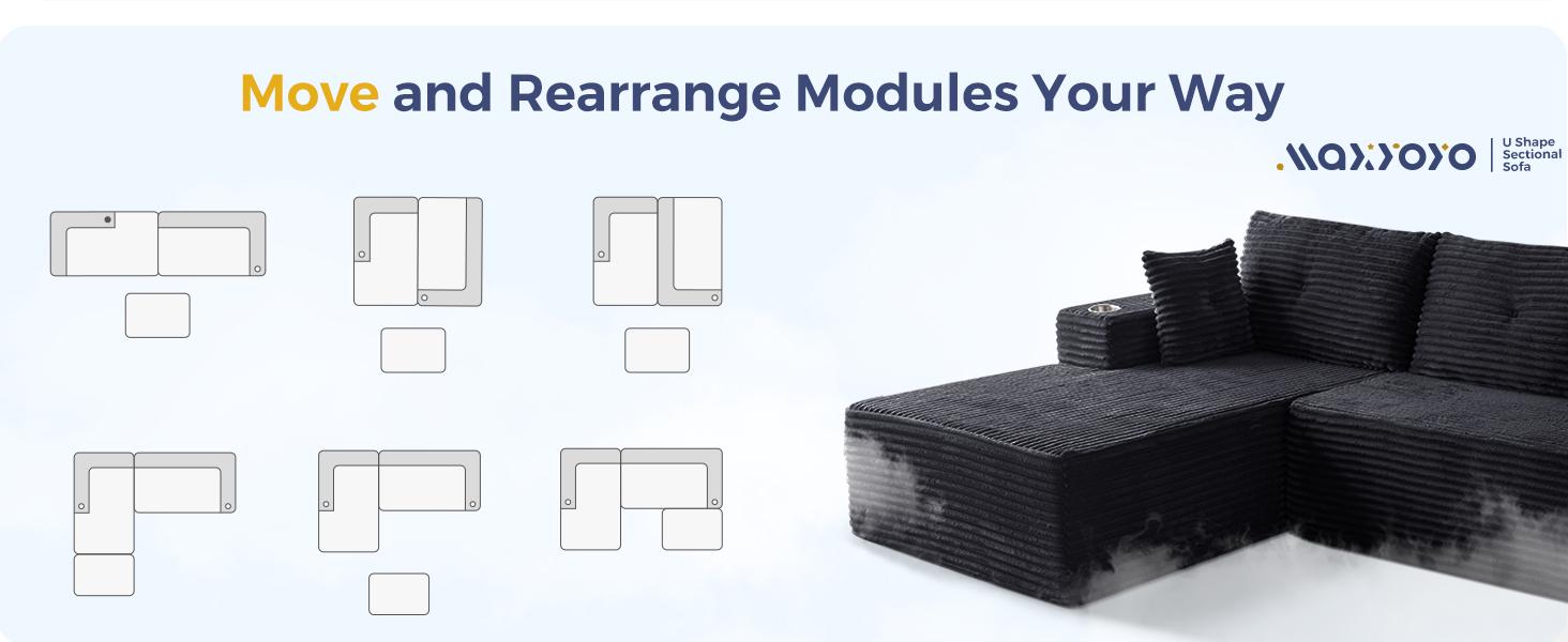 【2 Packages Shipping】MAXYOYO 104" U-Shaped Modular Sectional Couch, Modern Boneless Couch for Living Room, Sofa in A Box, Oversized Sofa Sleeper with Deep Seat, No Assembly Required