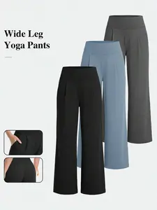 Women's High Waist Flowy Wide Leg Jogger Pants 3-Pack - Black, Navy, Light Blue Set with Pockets for Casual, Sports, Lounge Use