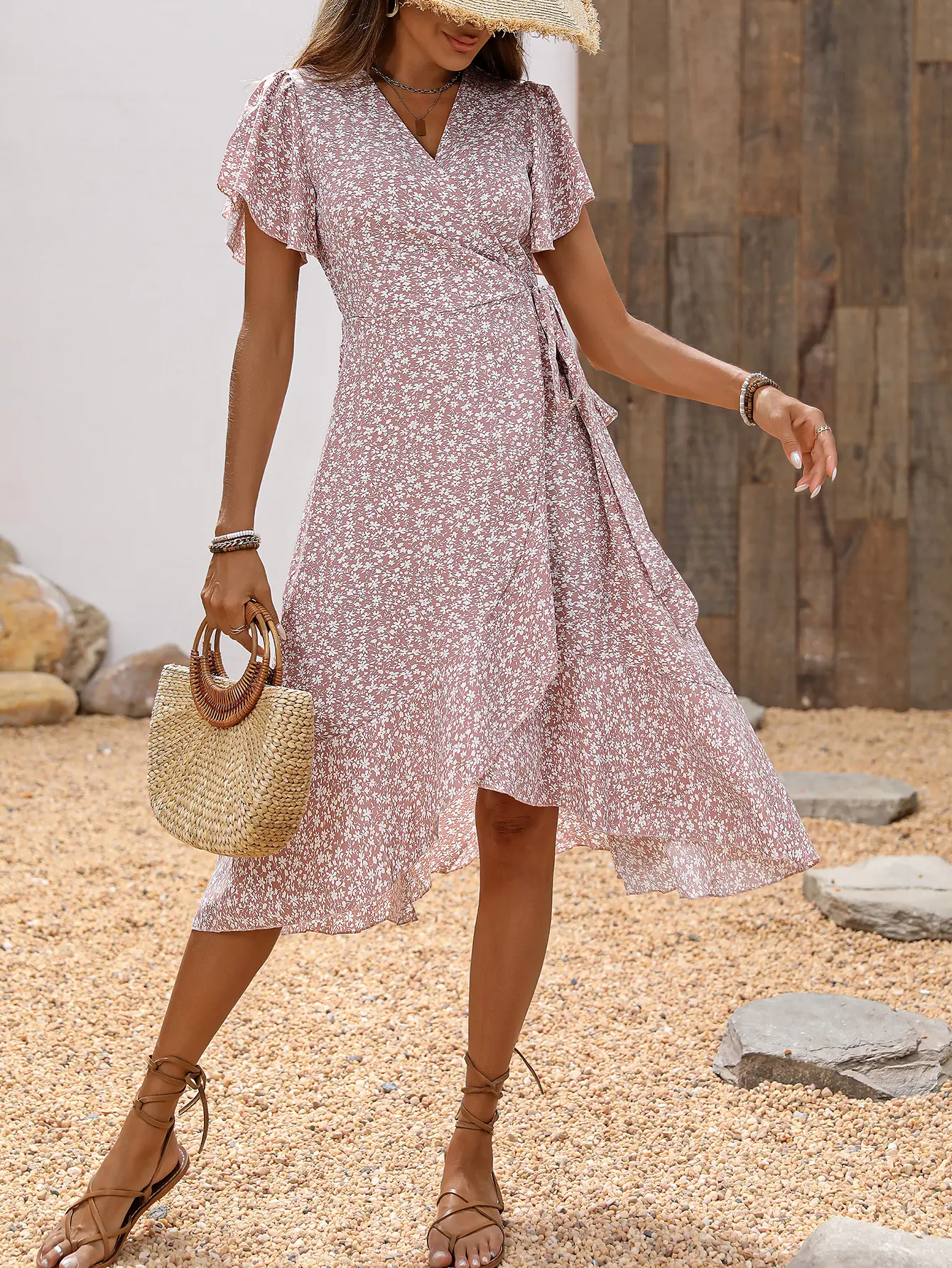 Women's Floral Wrap Over Tie Waist Dress, Ladies Clothes for Daily Wear,  Dinner and Karaoke Dress, Vacation Resort Dress, Regular Elegant Classy Casual Dress, Comfy Sexy Fashionable Dress, Evening Dress