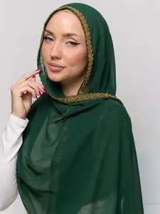 Women's Chiffon Hijab Scarf with Golden Lace, Chic Elegant Breathable Long Shawl for Muslim Fashion Daily Wear