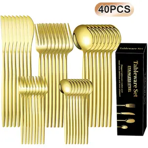 40-Piece Gold Stainless Steel Silverware Set for 8 Mirror,kitchen，kitchen accessories，kitchen essentials，knives kitchen set，kitchen supplies with  cutlery Dinnerware Service Set Dinnerware Sets Dinnerware Sets