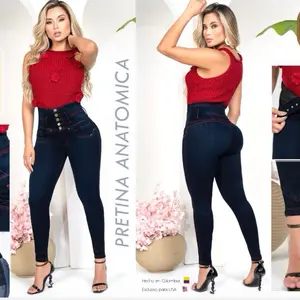 Pretina Anatomica 2501 Azul Borde Rojo 5 Botones High-Waist Jeans for Women Made in Colombia Exclusive for USA