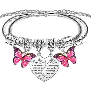 Sister Bracelet Big Sis Lil Sis Bracelets Set for 2 Heart Matching Butterfly Charm  for Sisters Christmas Birthday Graduation Gifts for Women Sister Long Distance