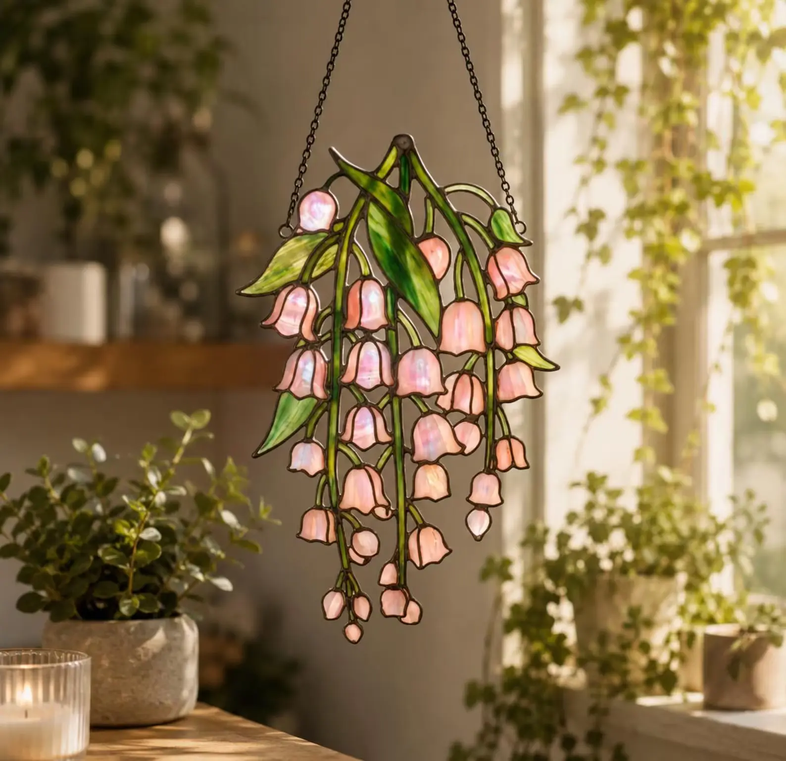 Pink Lily of the Valley Acrylic Suncatcher - Cascading Bell Flower Window Hanging, Cottagecore Floral Decor, Mothers Day Gift