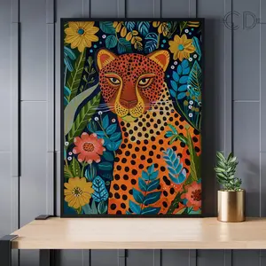 Vibrant Leopard Print Art Jungle Painting, Floral Abstract Design, Unframed 2D Flat Wall Decor, Modern Home Decoration, Perfect for Living Room & Bedroom