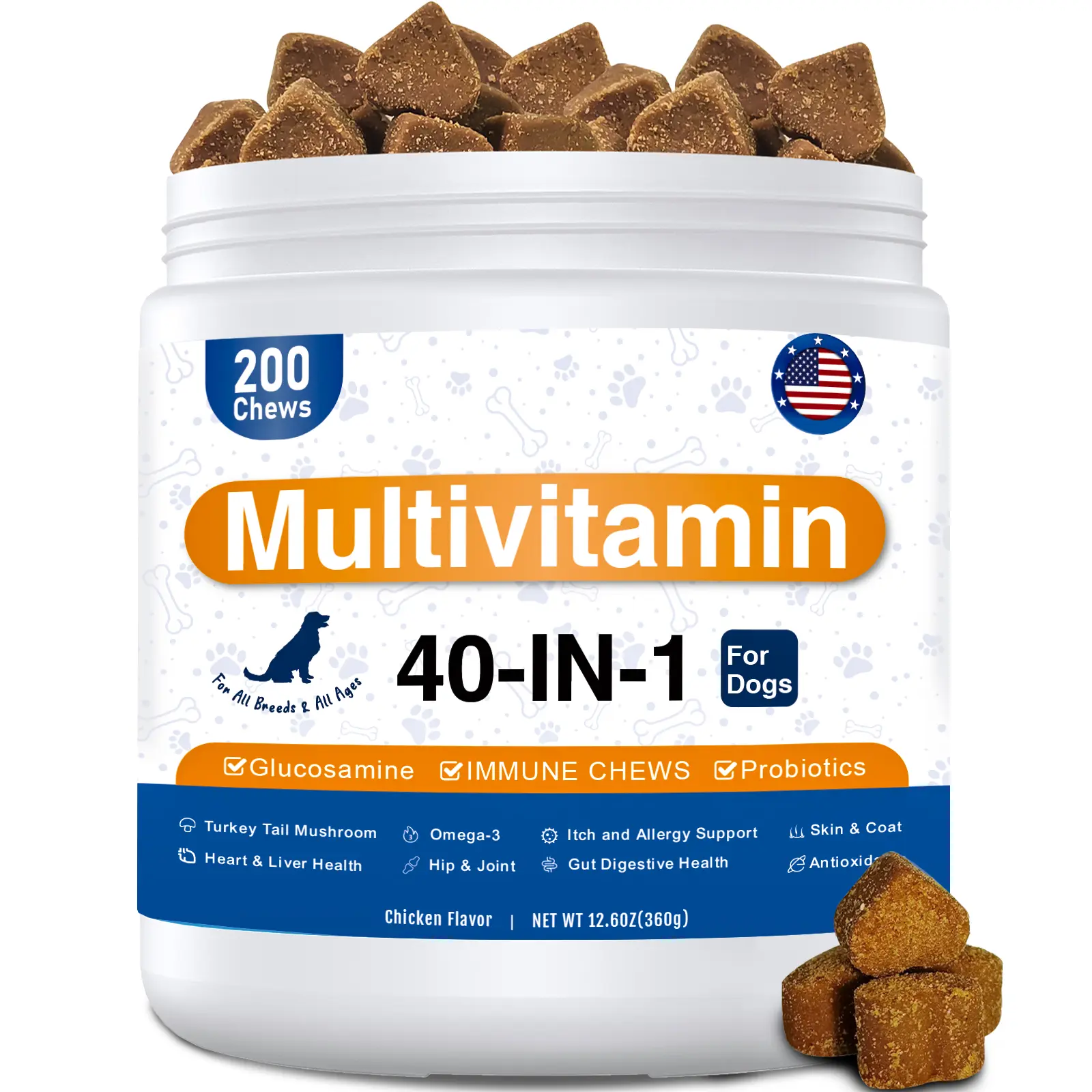 ColEaze 40-in-1 Multivitamin Soft Chews for Dogs, Chicken Flavor, Dog Vitamins Supplements with Probiotics, Omega-3 & Glucosamine, Supports Skin Coat, Joint, Heart, Liver, Brain, Eye & Immune Health（200ct）