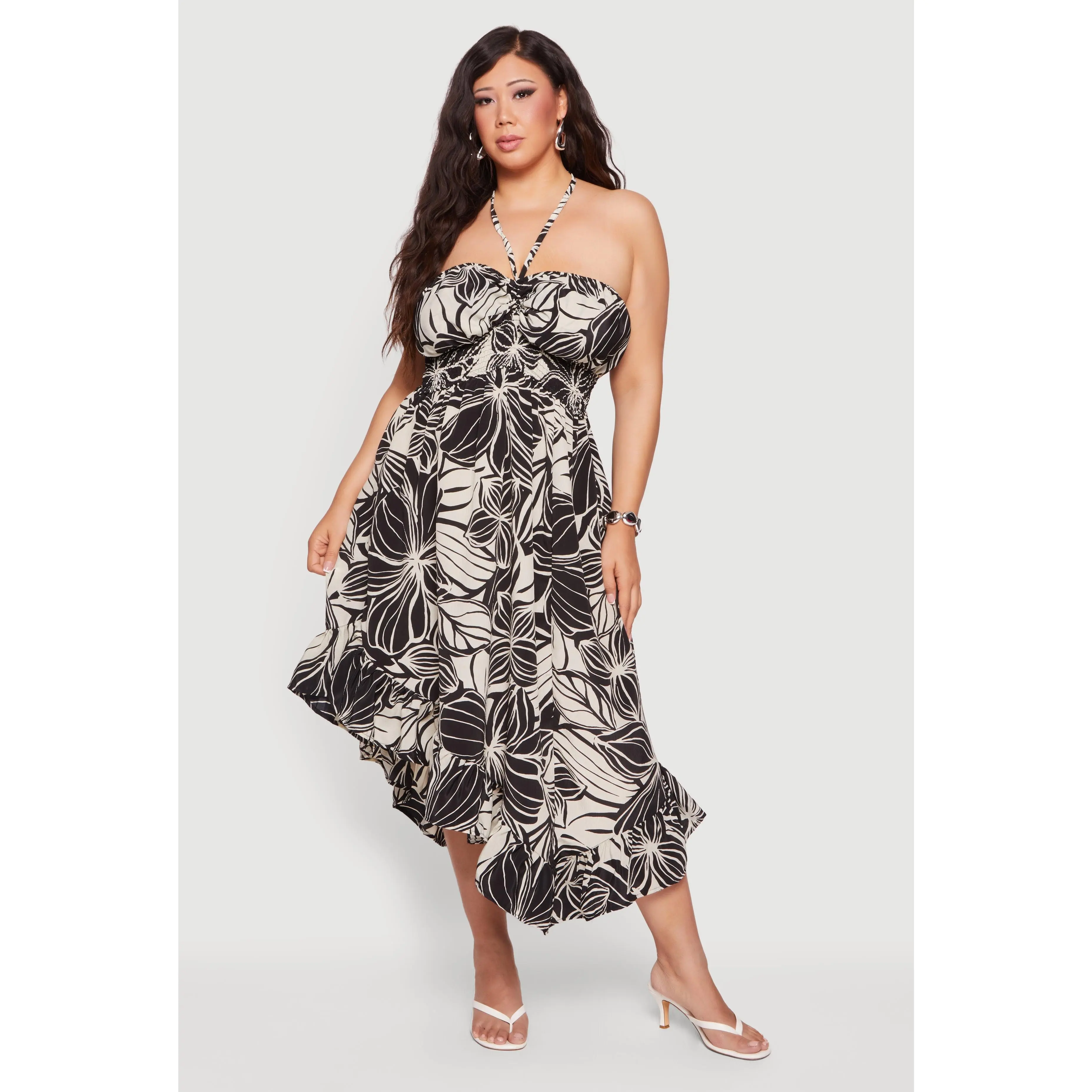 Plus Size Floral Asymmetrical Ruffle Trim Smocked Waist Halter Dress