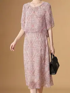 Geometric Print Summer Autumn Dress, Hollow Out Round Neck, Short Sleeve Design, Romantic Vacation Style, Streetwear Skirt with Pockets, Casual Fashionable Dress