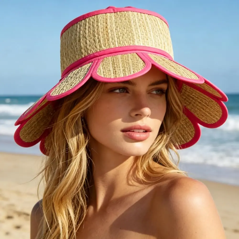 Women's Manhattan Hat, Reversible Straw Sun Hat, Unique Petal Shape Foldable Casual Outdoor Beach Sun Hat for Summer