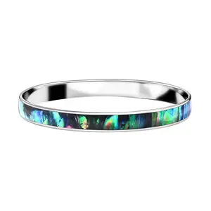 Abalone Shell Bangle Bracelet in Stainless Steel - Genuine Handmade Abalone Boho Jewelry for Women - Natural Abalone & Acacia Wood Bali Enamel Bangles - 8" to 8.5" Jewelry Christmas Gifts for