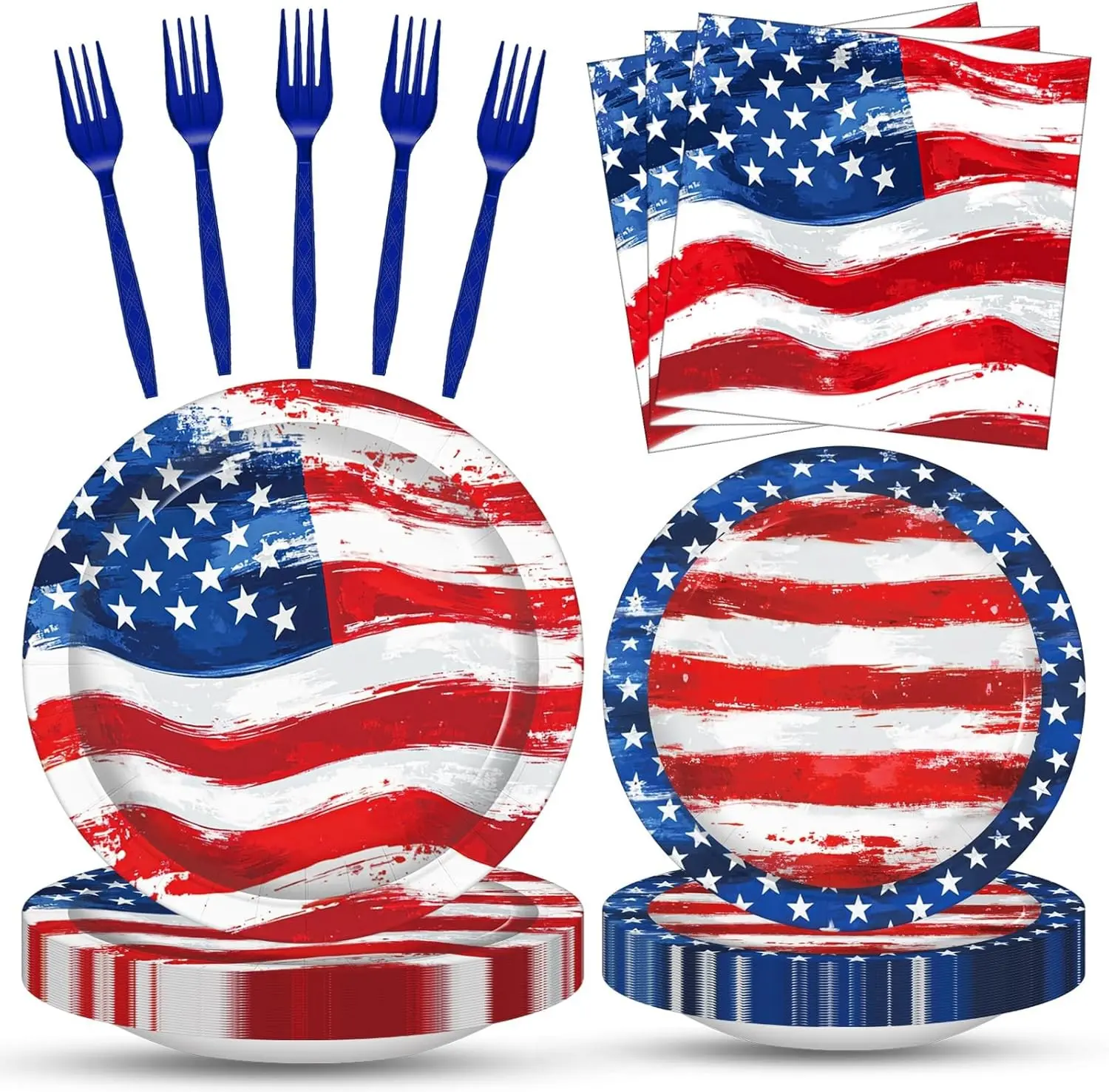 100 Pieces Watercolor American Flag Patriotic Tableware Party Supplies Set – Disposable Paper Plates, Napkins, and Plastic Forks for Independence Day, , Memorial Day, Summer BBQs Table Decorations