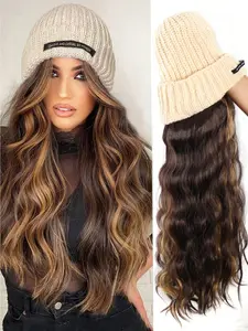 22 Inch Long Curly Wavy Cap Wig Synthetic Wig with Elastic Knit Hood - Cap Wig High Temperature Fiber, 100% Density, One-Fiber Synthetic Highlight Wig, Natural Look, Suitable for Everyday Wear, Basic Style, Synthetic Hair Wigs