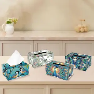 1-piece handcrafted wooden diamond painting tissue box, Tissue Holder - Reusable mixed-color art storage container, set diamond painting craftsmanship, home and office decoration, bird, dragonfly theme, nature-inspired inlaid artworks