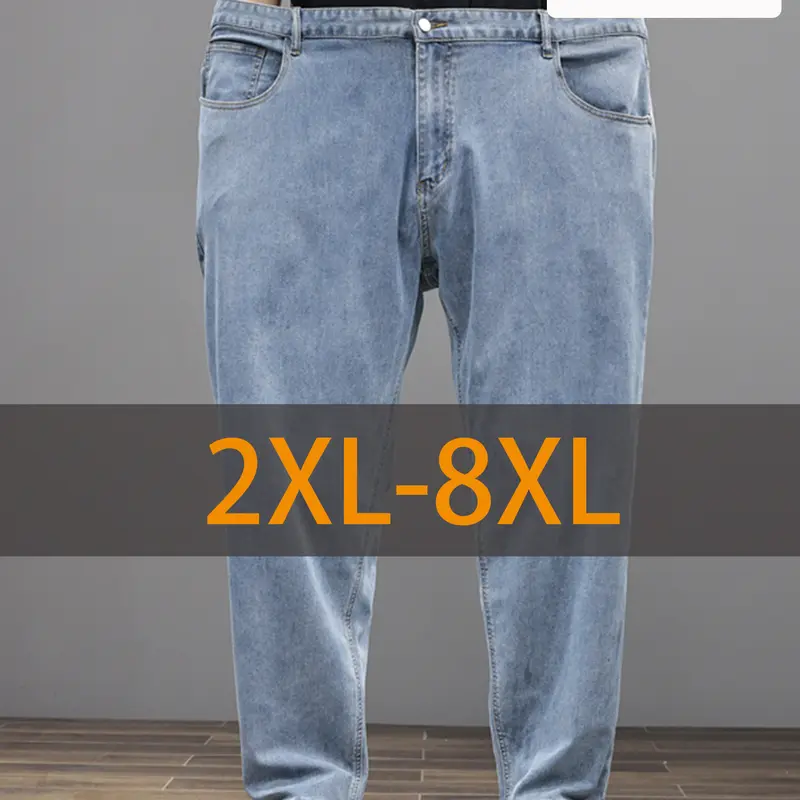 Men's Plus-Size 2XL Baggy Denim Style Loose-Fitting Plain Solid Jeans, Soft Stretch Rayon Denim Blend Pants, Casual Menswear, All-Season, Machine-Washable