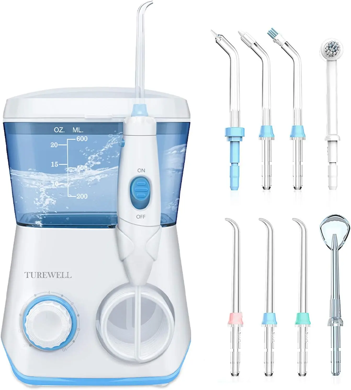 TUREWELL Electric Oral Irrigator Water Flosser, Single Item, 600ML Capacity, 10 Adjustable Pressure Settings, 8 Replacement Jet Tips for Teeth & Braces Care