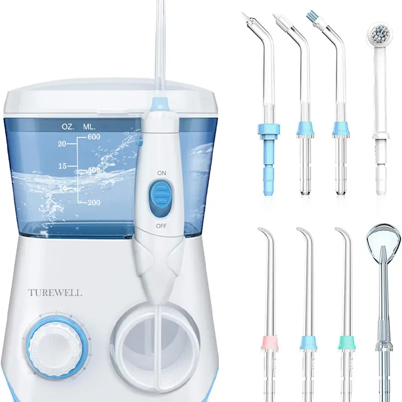 TUREWELL FC165 Electric Oral Irrigator Water Flosser - 600ml Leak-Proof Tank, 10 Adjustable Pressure Settings, Adjustable Flow, 8 Jet Tips (Including Tongue Cleaner Tip), Power Off Memory, Timer, Automatic Function, for Gum Care, 1 Unit (White)