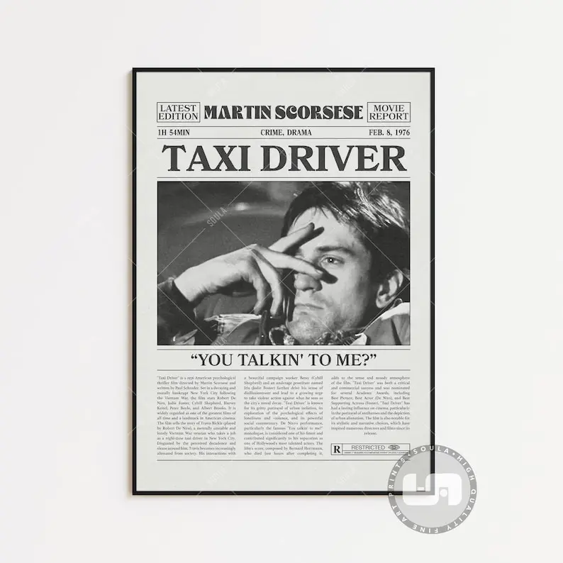 Taxi Driver Poster, Martin Scorsese, Movie Poster, Retro Newspaper, Black White Wall Art