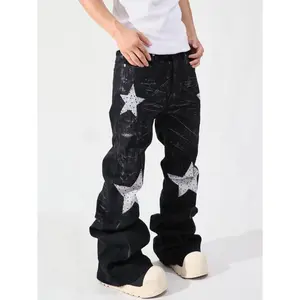 Retro Ripped Rhinestone Star Jeans for Men Teen Hip Hop Rock Style Distressed Flared Pants with Pocket Menswear Trouser