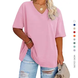 Danedvi Women's Plus Size V Neck T Shirts Summer Half Sleeve Tees Casual Loose Fit Cotton Tunic Tops Jeans Leggings